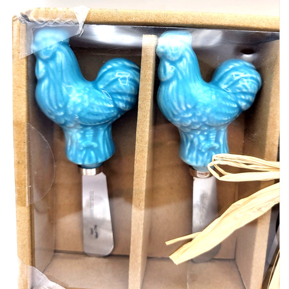 Home Essentials Turquoise Rooster Spreader Shabby Chic Set of 4 NEW Old Stock - Picture 2 of 8